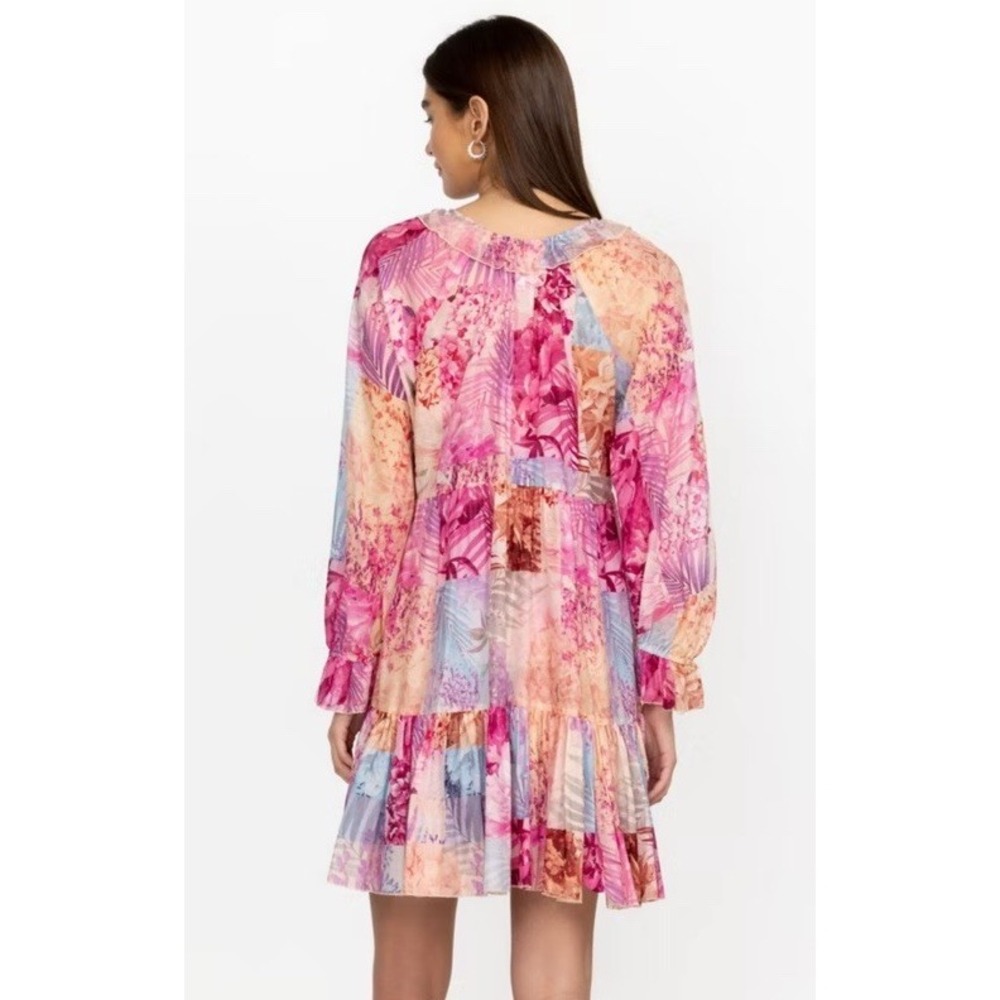 Johnny Was Silk Blend Dress MED Mini Pink Floral Semi-sheer Ruffle Patchwork EUC - Picture 3 of 16